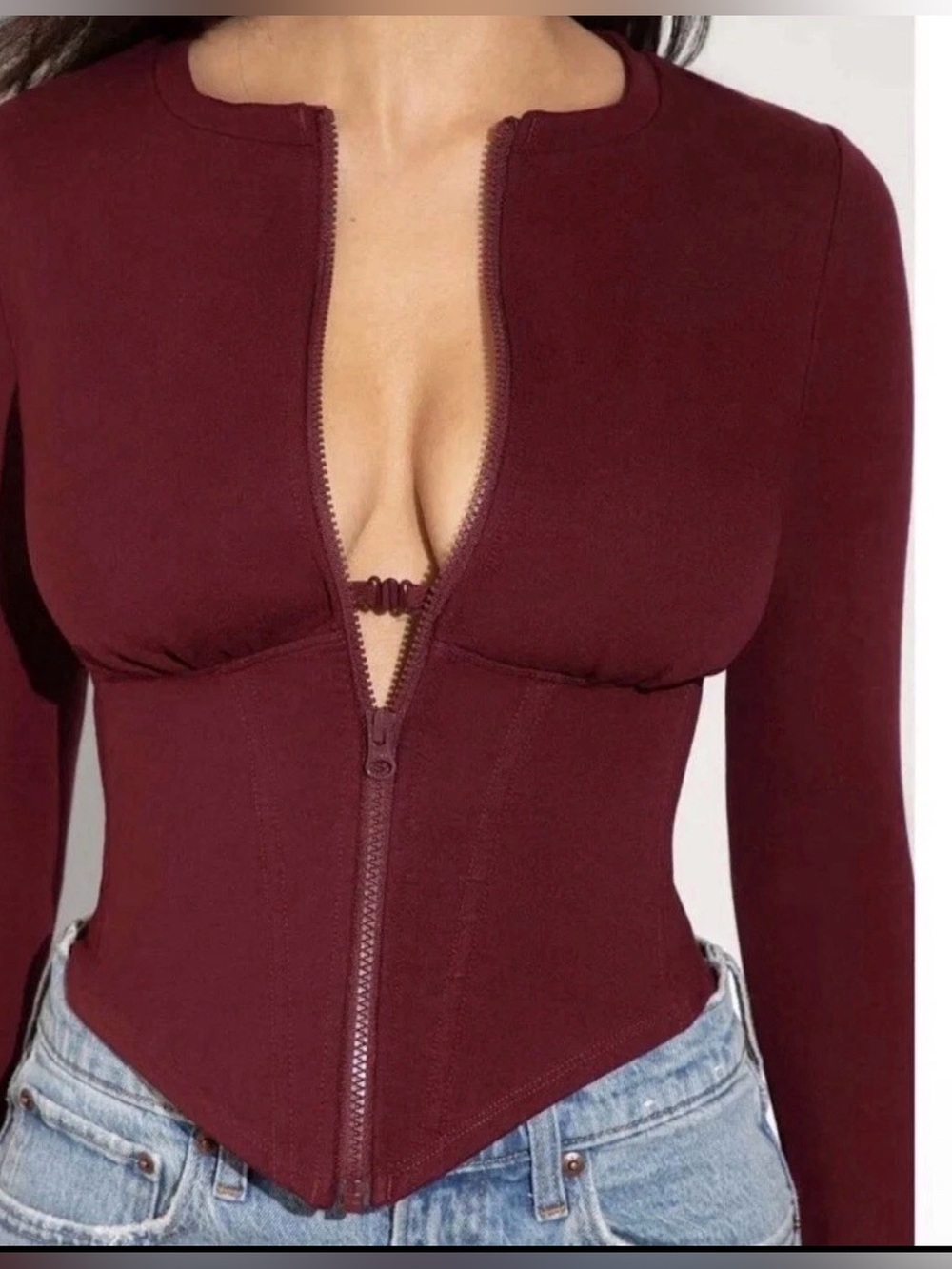 TA3 CORSETY CORSET Long Sleeve Burgundy Zip-Front Corset Top TA3149 NEW MEDIUM